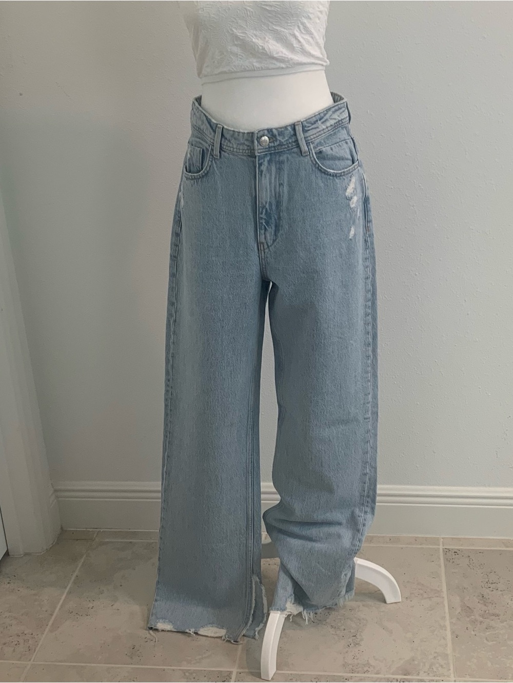 Zara Light Blue Wide-Leg High Waisted Distressed Jeans